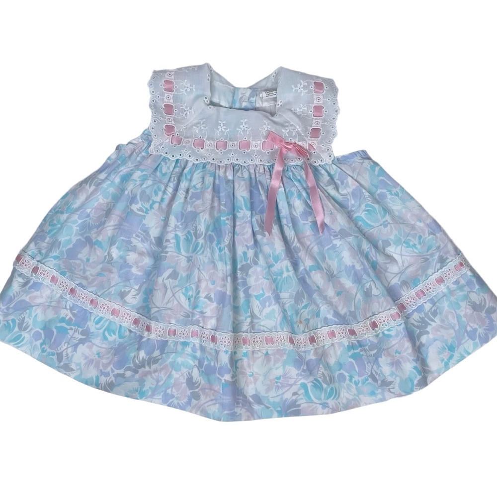 Vintage Floral‎ Eyelet Lace Dress Girls 18 M Blue Pink Ribbon Trim Sailor Collar